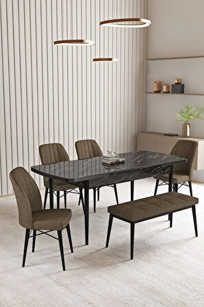 Lara Siyah Mermer Desen 80 X 132 Açılabilir MDF Mutfak Masası 4 Sandalye, 1 Bench