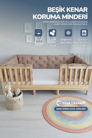 Beşik Kenar Koruma Minderi %100 Pamuk - Montessori Yatak Uyumlu - Açık Kahverengi - Buble Soft