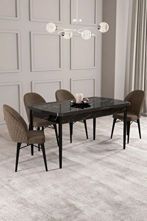 Arya Siyah Mermer Desen 80x132 MDF Açılabilir Mutfak Masası Takımı 4  Sandalye