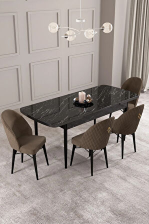 Arya Siyah Mermer Desen 80x132 MDF Açılabilir Yemek Masası Takımı 4  Sandalye