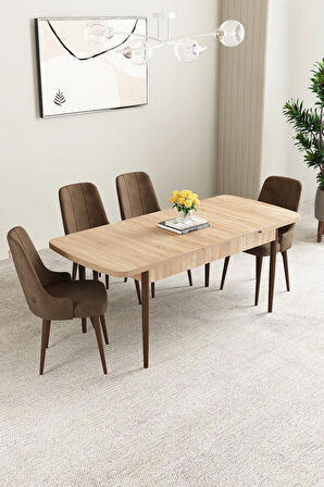 Ashira MDF Meşe Desen Açılabilir 80x132 Cm 4 Sandalyeli Mutfak Masası Takımı