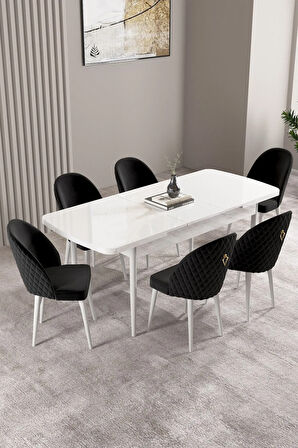 Daisy MDF Beyaz Mermer Desen Açılabilir 80x132 Cm 4 Sandalyeli Mutfak Masası Takımı