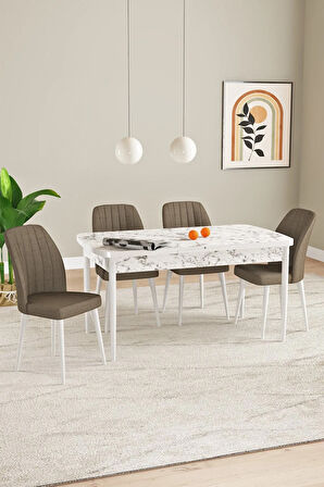 Elis Beyaz Mermer Desen 80x132 Açılabilir Masa Takımı 4  Sandalye
