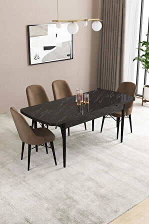 Elizya MDF Siyah Mermer Desen Açılabilir 80x132 Cm 4 Sandalyeli Mutfak Masası Takımı