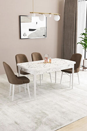 Fonza Beyaz Mermer Desen 80x132 MDF Açılabilir Mutfak Masası Takımı 4  Sandalye