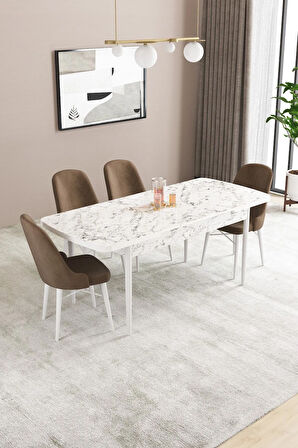 Fonza Beyaz Mermer Desen 80x132 MDF Açılabilir Mutfak Masası Takımı 4  Sandalye