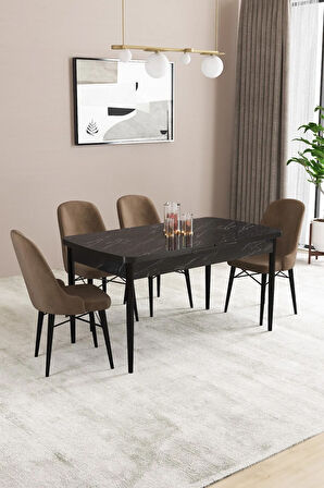 Fonza Siyah Mermer Desen 80x132 MDF Açılabilir Mutfak Masası Takımı 4  Sandalye
