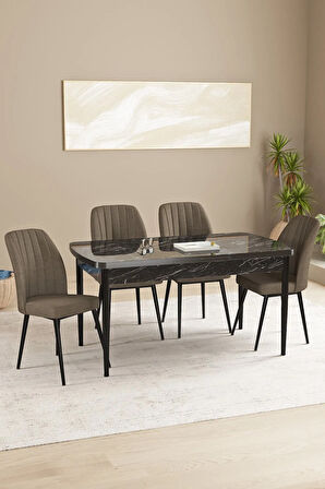 Floryn Siyah Mermer Desen 80 X 132 Açılabilir MDF Mutfak Masa Takımı 4 Sandalye