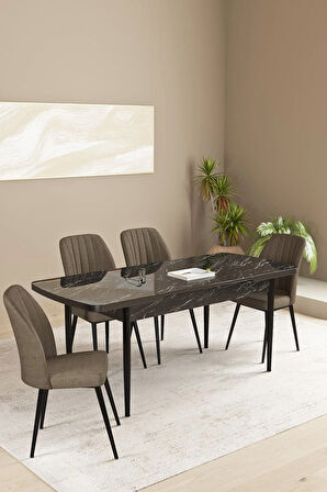 Floryn MDF Siyah Mermer Desen Açılabilir 80x132 Cm 4 Sandalyeli Mutfak Masası Takımı