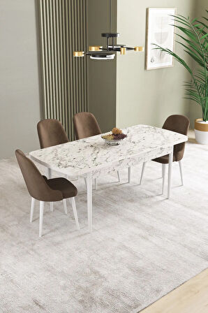 Ikon Beyaz Mermer Desen 80x132 MDF Açılabilir Mutfak Masası Takımı 4  Sandalye
