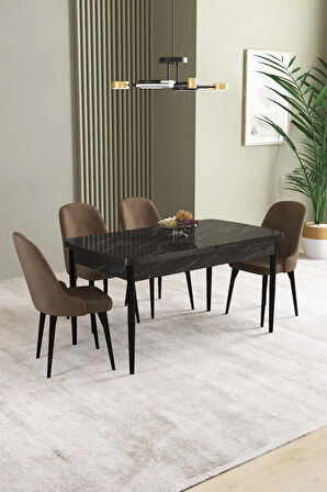 Ikon Siyah Mermer Desen 80x132 MDF Açılabilir Yemek Masası Takımı 4  Sandalye