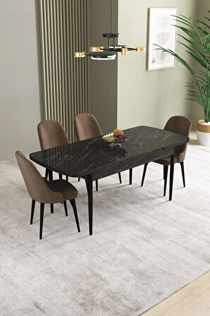 Ikon Siyah Mermer Desen 80x132 MDF Açılabilir Yemek Masası Takımı 4  Sandalye