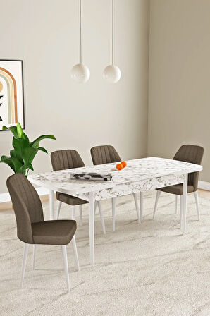 Laris Beyaz Mermer Desen 80 X 132 Açılabilir MDF Mutfak Masa Takımı 4 Sandalye