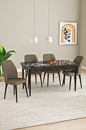 Laris Siyah Mermer Desen 80 X 132 Açılabilir MDF Mutfak Masa Takımı 4 Sandalye