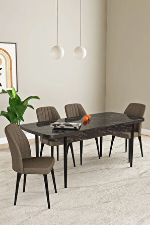 Laris Siyah Mermer Desen 80 X 132 Açılabilir MDF Mutfak Masa Takımı 4 Sandalye