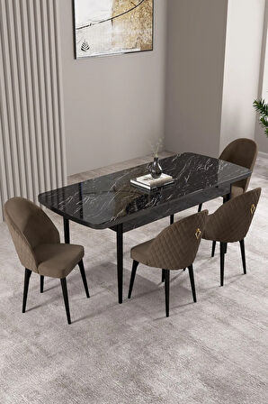 Lima Siyah Mermer Desen 80x132 MDF Açılabilir Yemek Masası Takımı 4  Sandalye