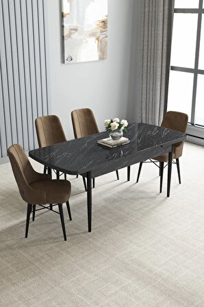 Arvela Siyah Mermer Desen MDF 80x132 Açılabilir Yemek Odası Takımı 4  Sandalye