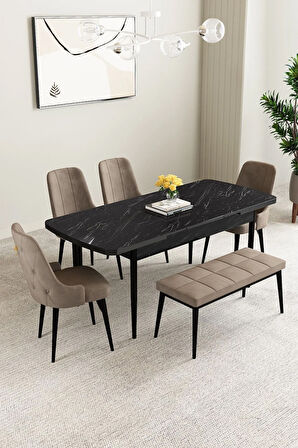 Mabel Beyaz Desen 80x132 MDF Açılabilir Mutfak Masası Takımı 4  Sandalye