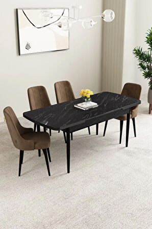 Mabel Siyah Mermer Desen 80x132 MDF Açılabilir Mutfak Masası Takımı 4  Sandalye