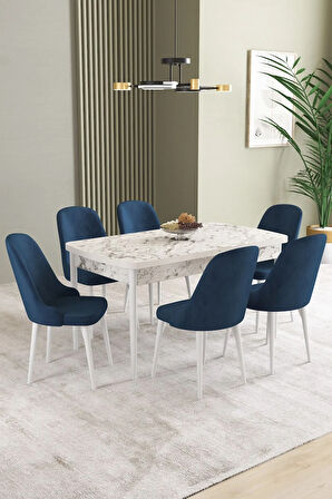 Mayer MDF Beyaz Mermer Desen Açılabilir 80x132 Cm 4 Sandalyeli Mutfak Masası Takımı