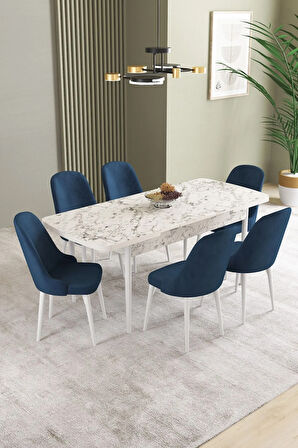 Mayer MDF Beyaz Mermer Desen Açılabilir 80x132 Cm 4 Sandalyeli Mutfak Masası Takımı