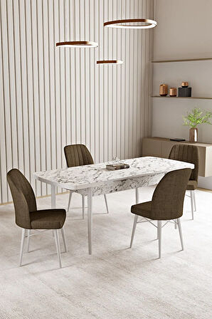 Vien Beyaz Mermer Desen 80 X 132 Açılabilir MDF Mutfak Masası 4  Sandalye