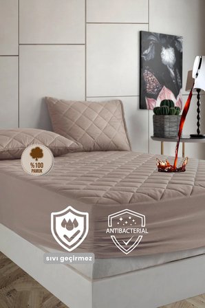 Pamukkale Renkli Alez Kahverengi %100 Pamuk Kapitone Sıvı Geçirmez Alez Çarşaf Fitted
