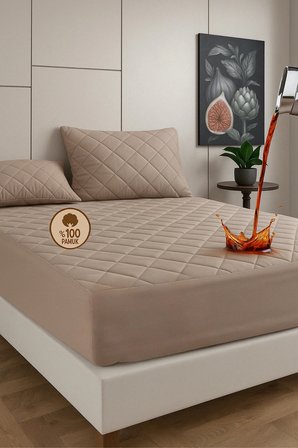Pamukkale Renkli Alez Kahverengi %100 Pamuk Kapitone Sıvı Geçirmez Alez Çarşaf Fitted