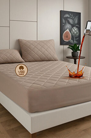 Pamukkale Renkli Alez Kahverengi %100 Pamuk Kapitone Sıvı Geçirmez Alez Çarşaf Fitted