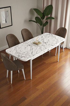 Mura Beyaz Mermer 80x132 Açılabilir Mdf Masa Yemek Odası Takımı, Mutfak Takımı 4 Adet Sandalye