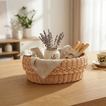 HandanRattan Ahşap Tabanlı El Örgüsü Rattan Düzenleyici Sepet - Oval Dekoratif Organizer