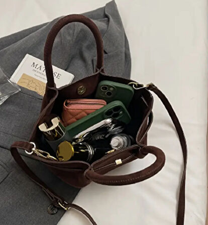 Kahverengi Süet Kemer Detaylı Mini Çanta