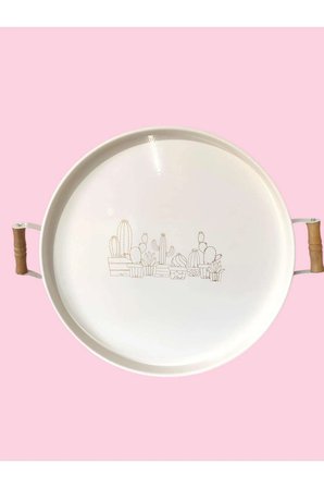 Tepsi Ahşap Kulplu Kaktüs Desenli Metal Çay Kahve Tepsisi 37 Cm Orta Boy Tepsi