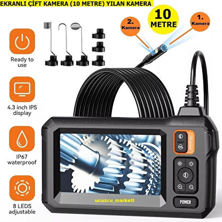 10 Metre 4.3 Inç Çift Kamera Ekranlı Yılan Kamera (Ayarlanabilir Parlak 8 Led)