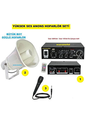 Yüksek Ses Anons Hoparlör Seti (Büyük Boy Hoparlör - Mikrofon - USB - SD Kart Girişli Mobil Amfi)