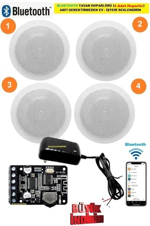 Tavan Hoparlör Seti Bluetooth Özellikli (4 Tavan Hoparlör) Anfi Kullanmadan Ev-Işyerini Seslendirin
