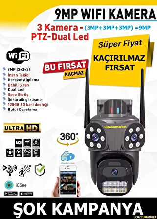 Üç Kameralı Speed Wifi Kamera (Alarm Siren- Uzaktan Izleme-Kayıt Etme-Gece Görüş-Hareket Algılama)