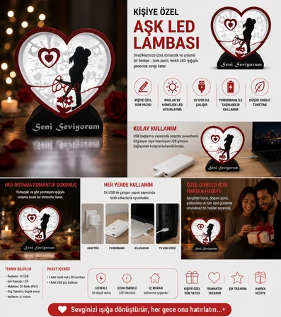 Kişiye Özel İsim Yazılabilir Led Kalp Tasarımlı Masa Lambası Usb 5v Dekoratif Aydınlatma Sevgiliye Romantik Hediye