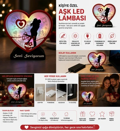 Kişiye Özel İsim Yazılabilir Led Kalp Tasarımlı Masa Lambası Usb 5v Dekoratif Aydınlatma Sevgiliye Romantik Hediye Çok Renkli 