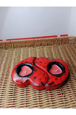 2'li Kırmızı Siyah Kalp Mumluk ve Kalp Mum Dekorasyon Objesi