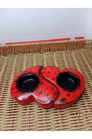 2'li Kırmızı Siyah Kalp Mumluk ve Kalp Mum Dekorasyon Objesi