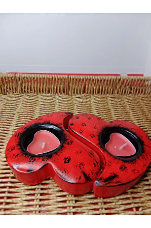 2'li Kırmızı Siyah Kalp Mumluk ve Kalp Mum Dekorasyon Objesi