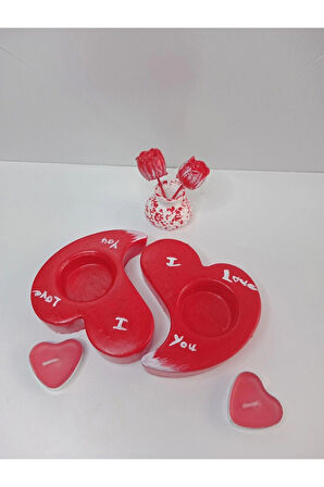 2 Kırmızı Renk Kalpli Mumluk Obje ve Minik Vazo (Süsler Dahil)