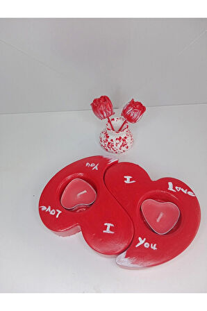 2 Kırmızı Renk Kalpli Mumluk Obje ve Minik Vazo (Süsler Dahil)