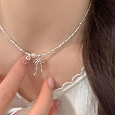 Gümüş Kaplama Fiyonk Kurdele Fiyonk  Pembe Kalp Detaylı Dorika Kolye Aksesuar Şık Takı Moda