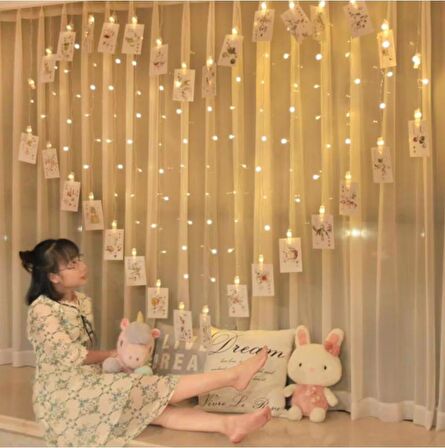 Fotoğraf Asılabilen Kalp Şeklinde Mandallı 2x1,5 Sarı Perde Led, Sevgiliye Sürpriz İçin Fotoğraf Albümü