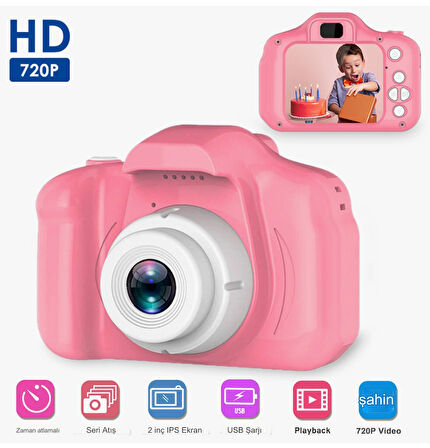  PEMBE 2.0 İnç IPS Ekran Darbeye Dayanıklı Çocuk Dijital Selfie HD Video Kamera  Çocuk Kamerası