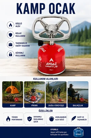 Kamp Ocağı Ve Gaz Kartuşu Seti Ayarlanabilir Alevli Portatif Ocak 230 Gr