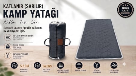 Zish Home FLEXI 5 cm Antrasit Katlanır Kamp Yatağı | 24 DNS Orta Sert Sünger | Karavan ve Çadır İçin Taşınabilir Yatak | Yer Yatağı, Misafir Yatağı ve Anne Yanı