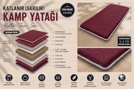 Zish Home FLEXI 5 cm Bordo Katlanır Kamp Yatağı | 24 DNS Orta Sert Sünger | Karavan ve Çadır İçin Taşınabilir Yatak | Yer Yatağı, Misafir Yatağı ve Anne Yanı